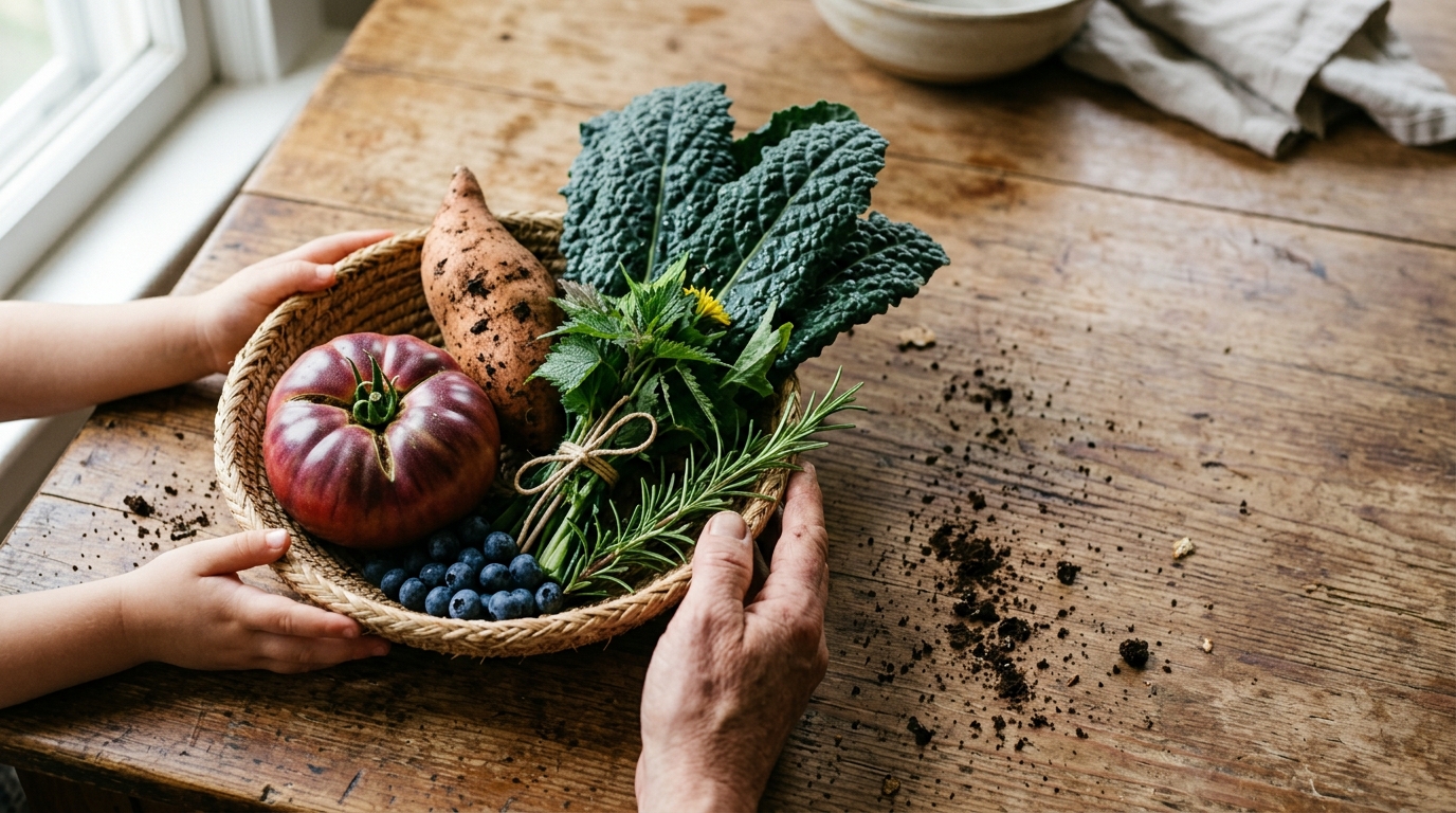 A child's hands and a grandparent's hands holding a woven basket of heirloom tomato, sweet potato, lacinato kale, blueberries, rosemary, and foraged greens on a wooden table