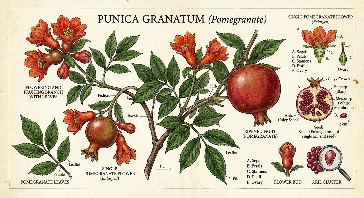 Pomegranate fruit, seeds, and botanical detail